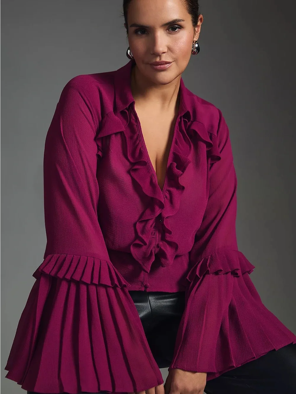 Anthropologie Sheer Ruffles V-Neck Blouse with Flare Sleeves and Fabric Buttons - Picture 3 of 7